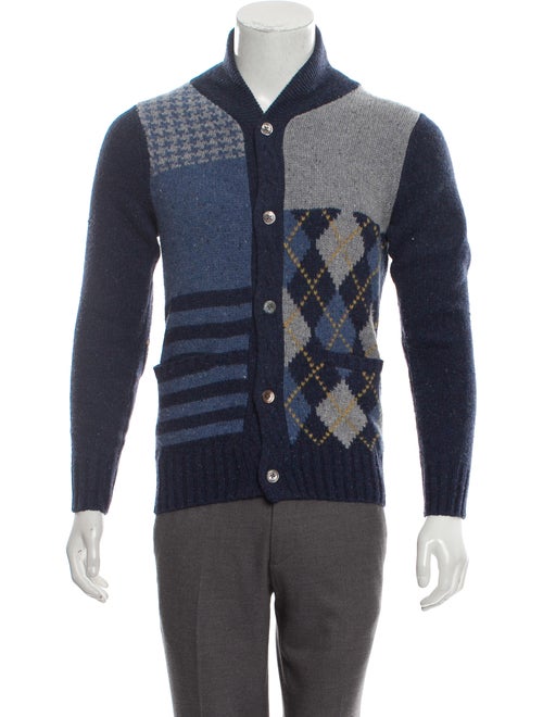 Cremieux Wool Shawl Collar Patchwork Cardigan blue