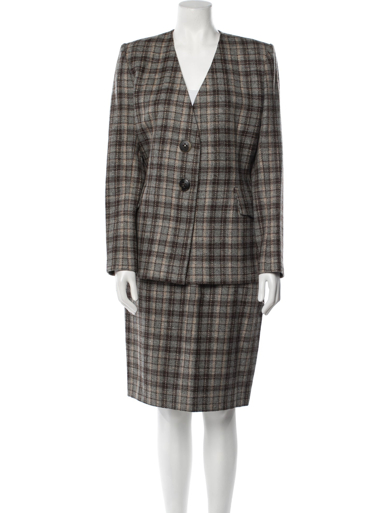 Carolyne Roehm Wool Plaid Print Skirt Suit