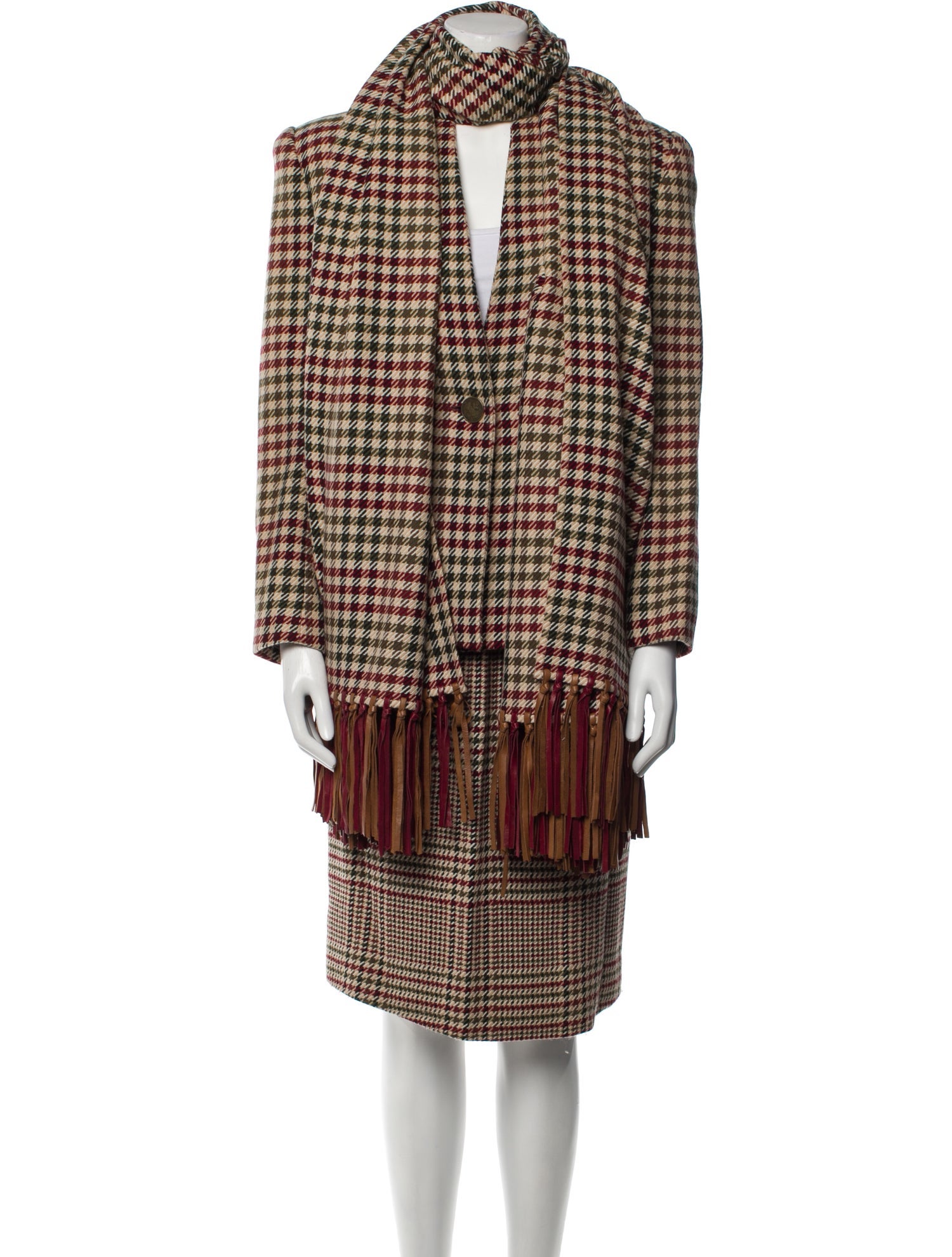 Carolyne Roehm Plaid Print Fringe Trim Accent Skirt Suit