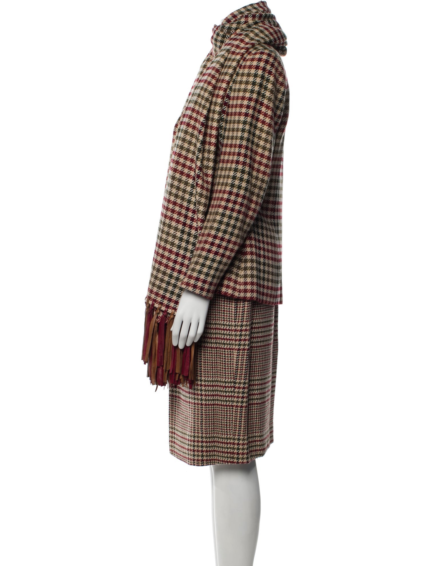 Carolyne Roehm Plaid Print Fringe Trim Accent Skirt Suit