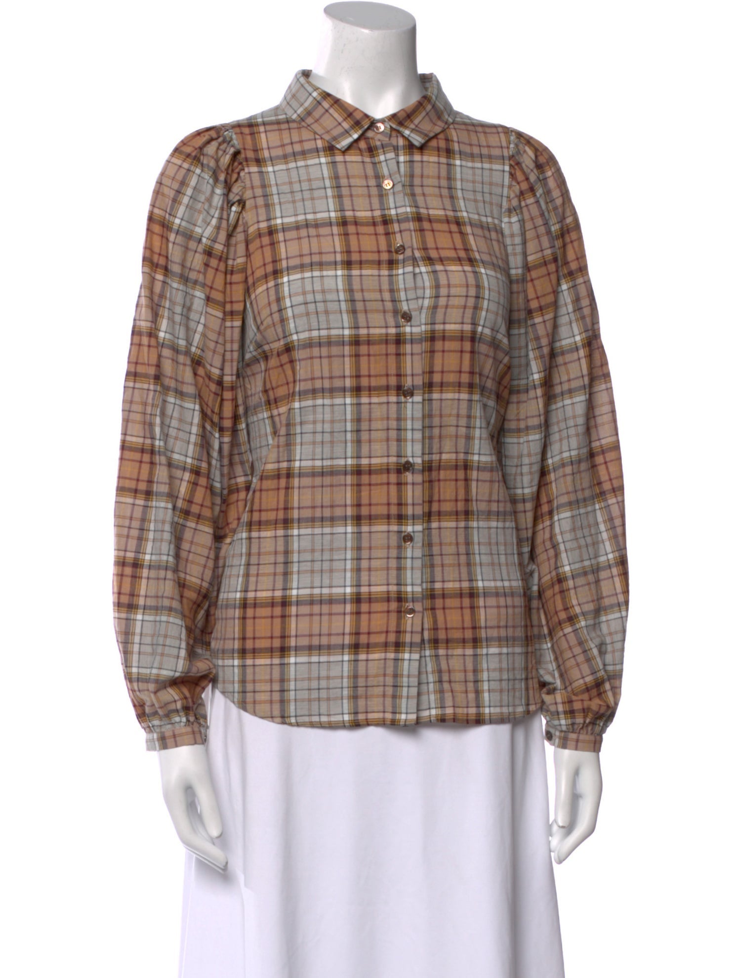 Caron Callahan Plaid Print Long Sleeve Button-Up Top