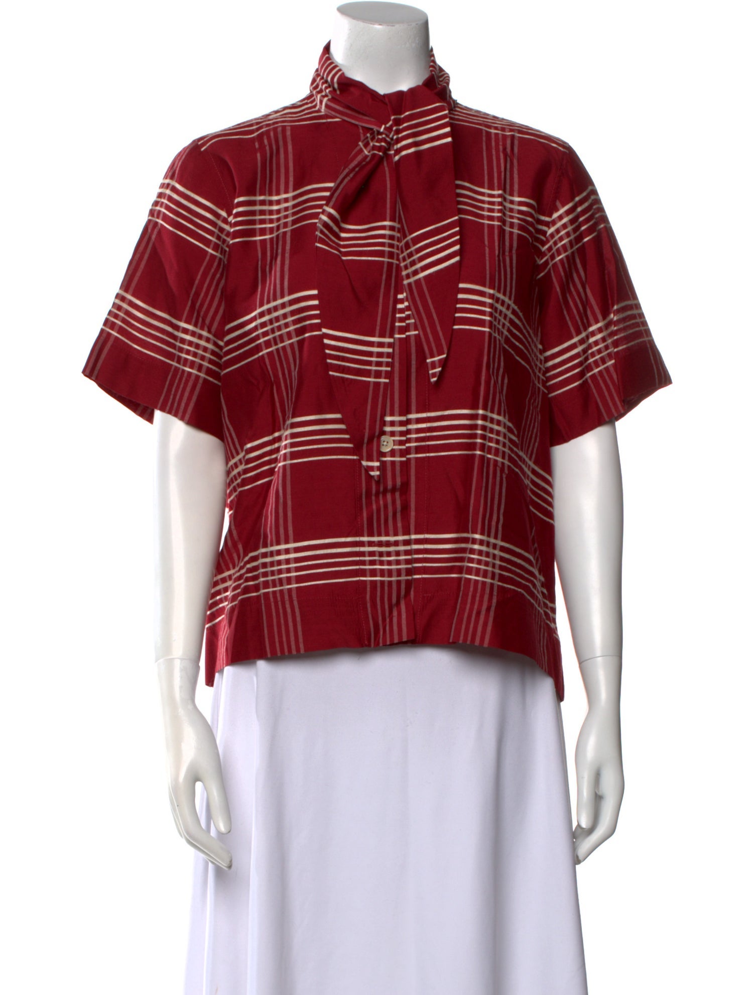 Caron Callahan Plaid Print Mock Neck Button-Up Top