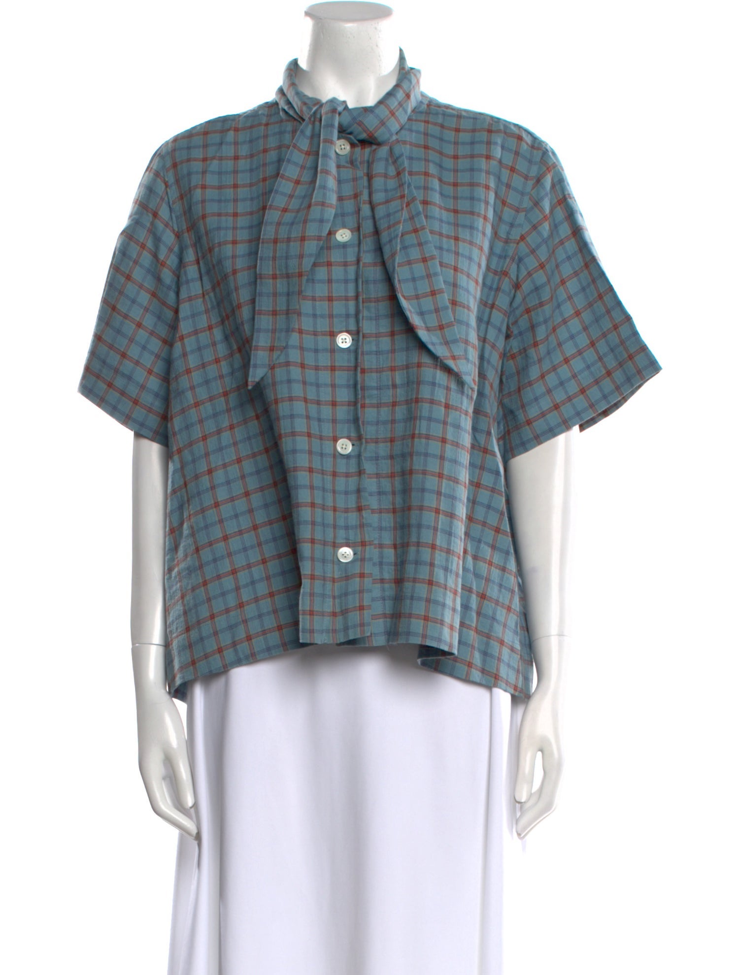 Caron Callahan Plaid Print Mock Neck Button-Up Top