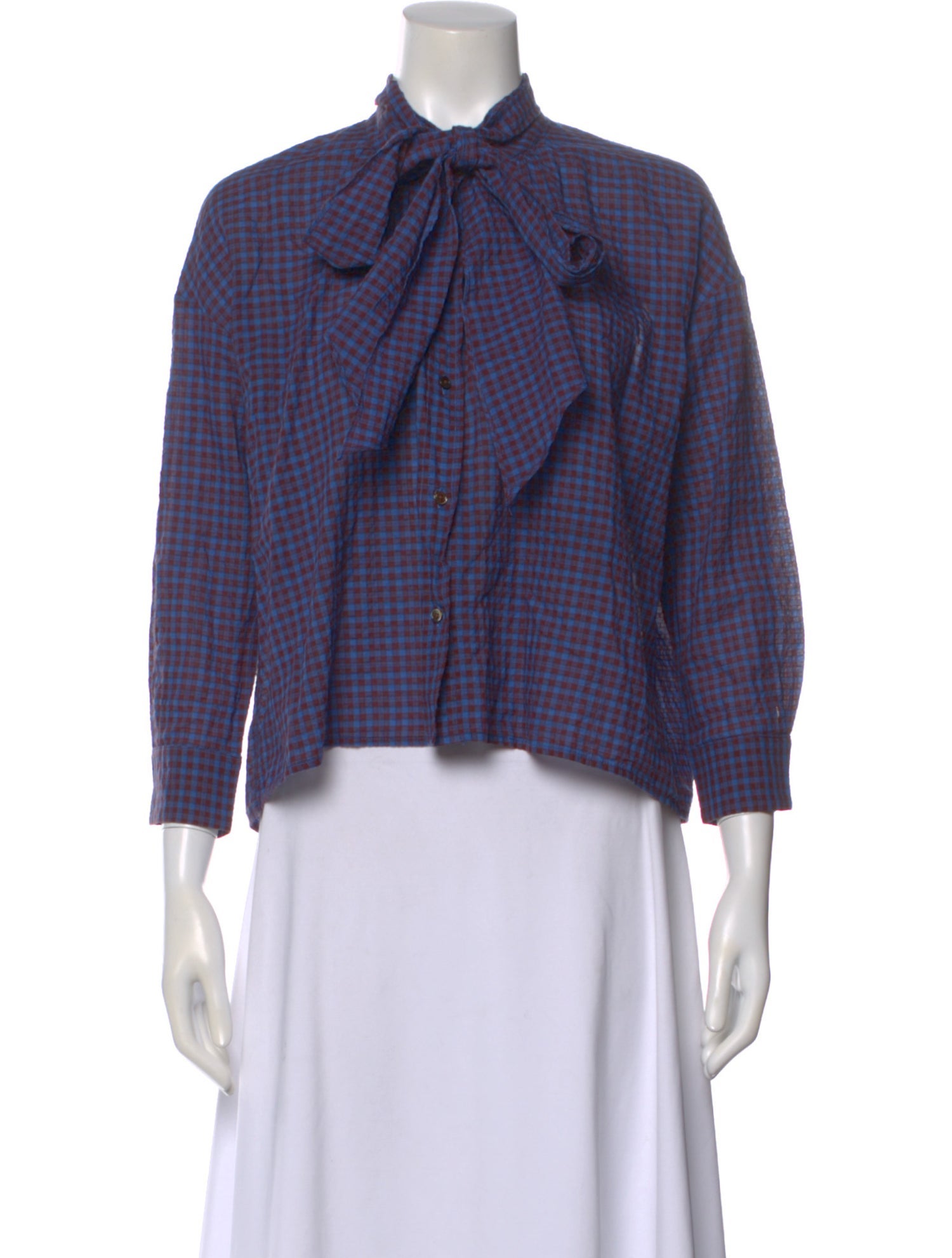 Caron Callahan Plaid Print Tie Neck Blouse