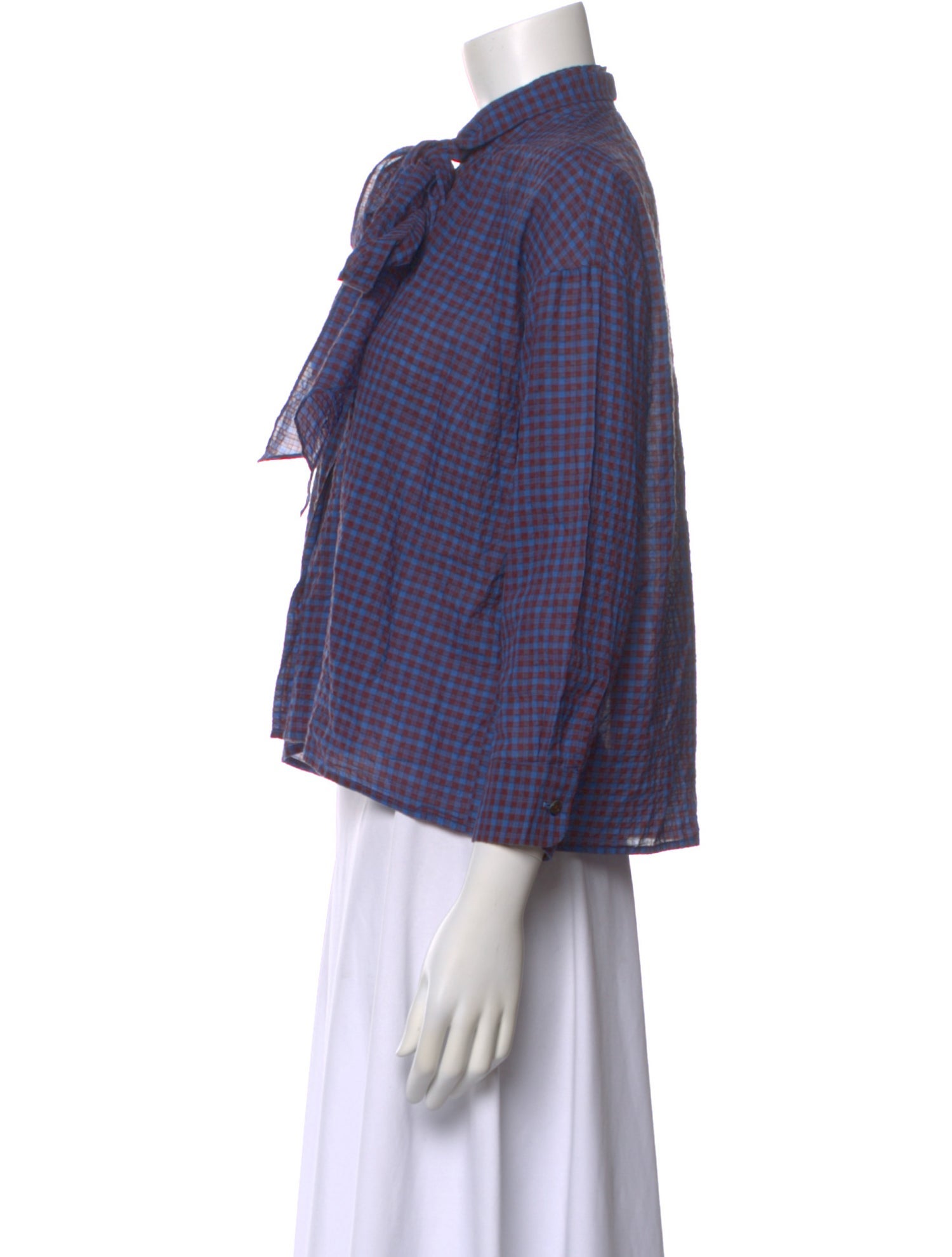 Caron Callahan Plaid Print Tie Neck Blouse