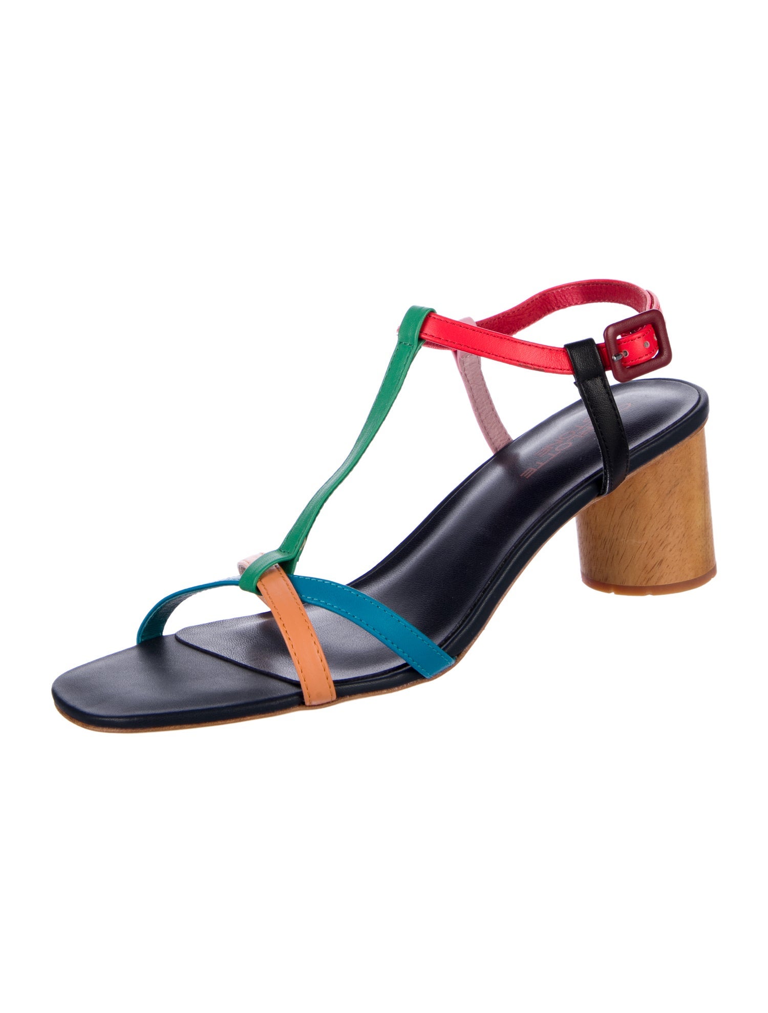 Charlotte Stone Leather Colorblock Pattern T-Strap Sandals