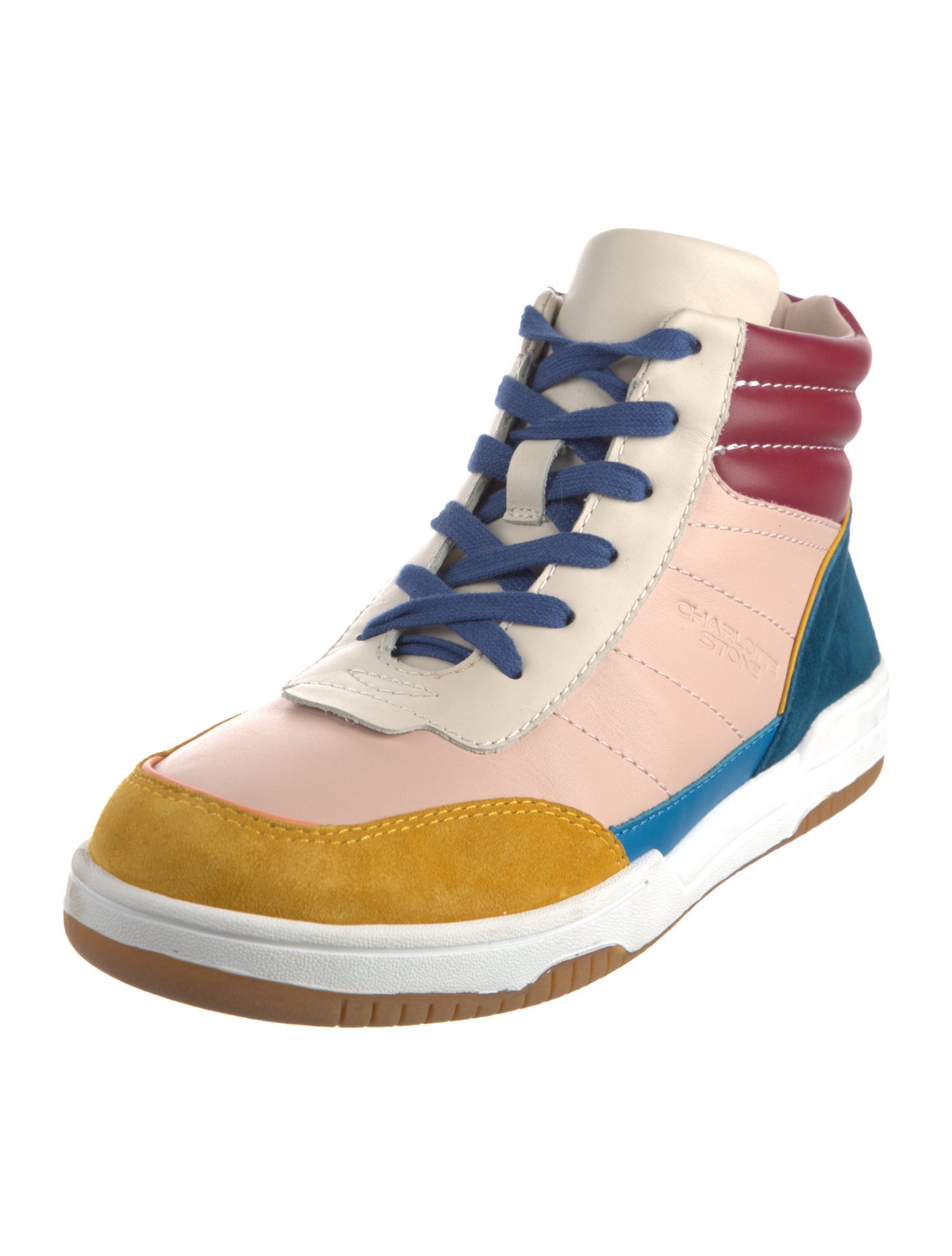 Charlotte Stone Leather Colorblock Pattern Wedge Sneakers