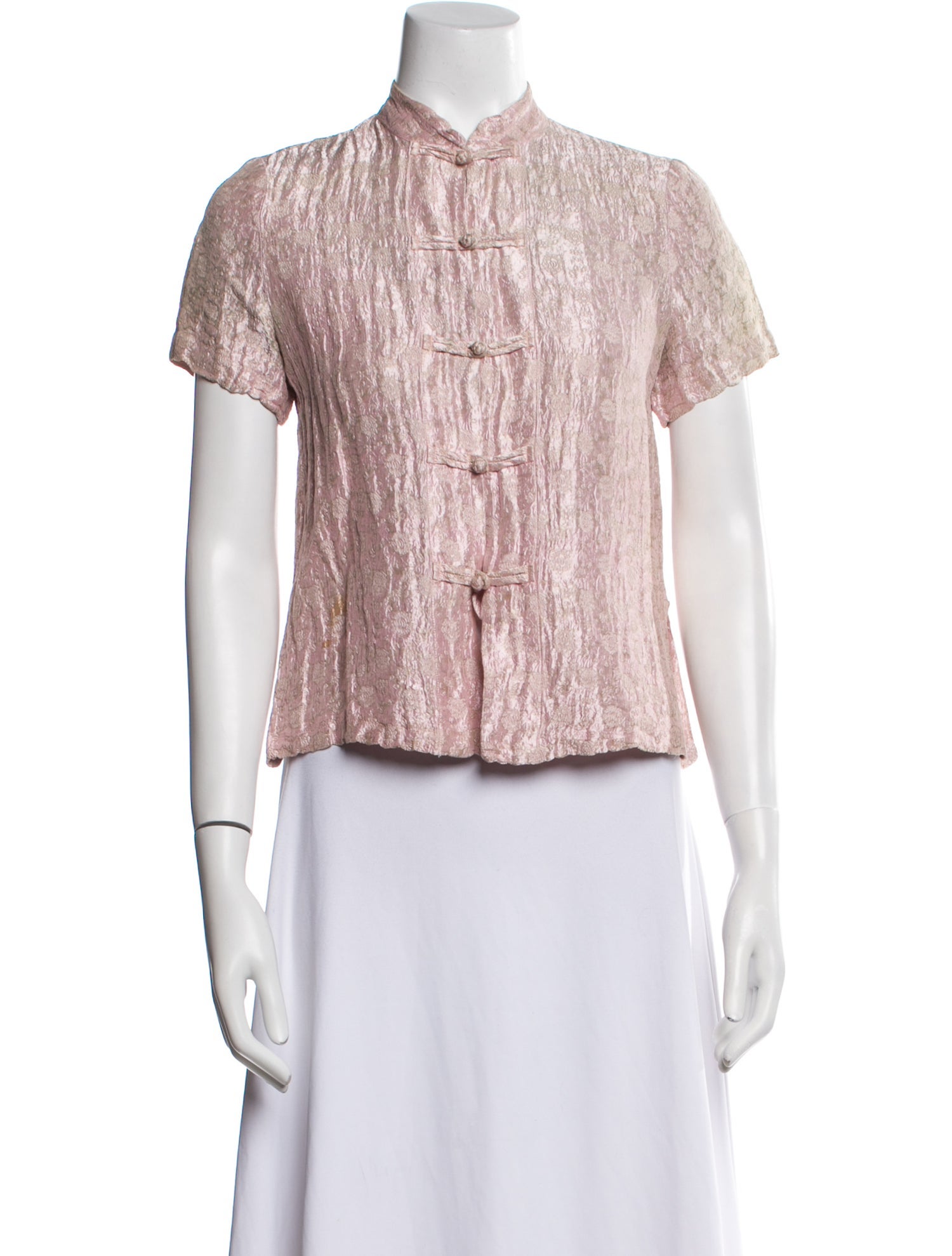 Dosa Mock Neck Short Sleeve Button-Up Top