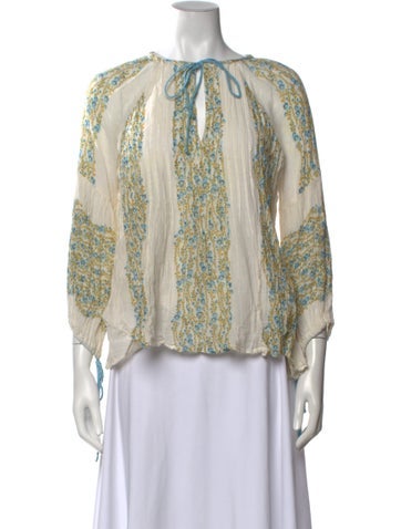 Pre-owned D'ascoli Floral Print Tie Neck Blouse In Multicolor