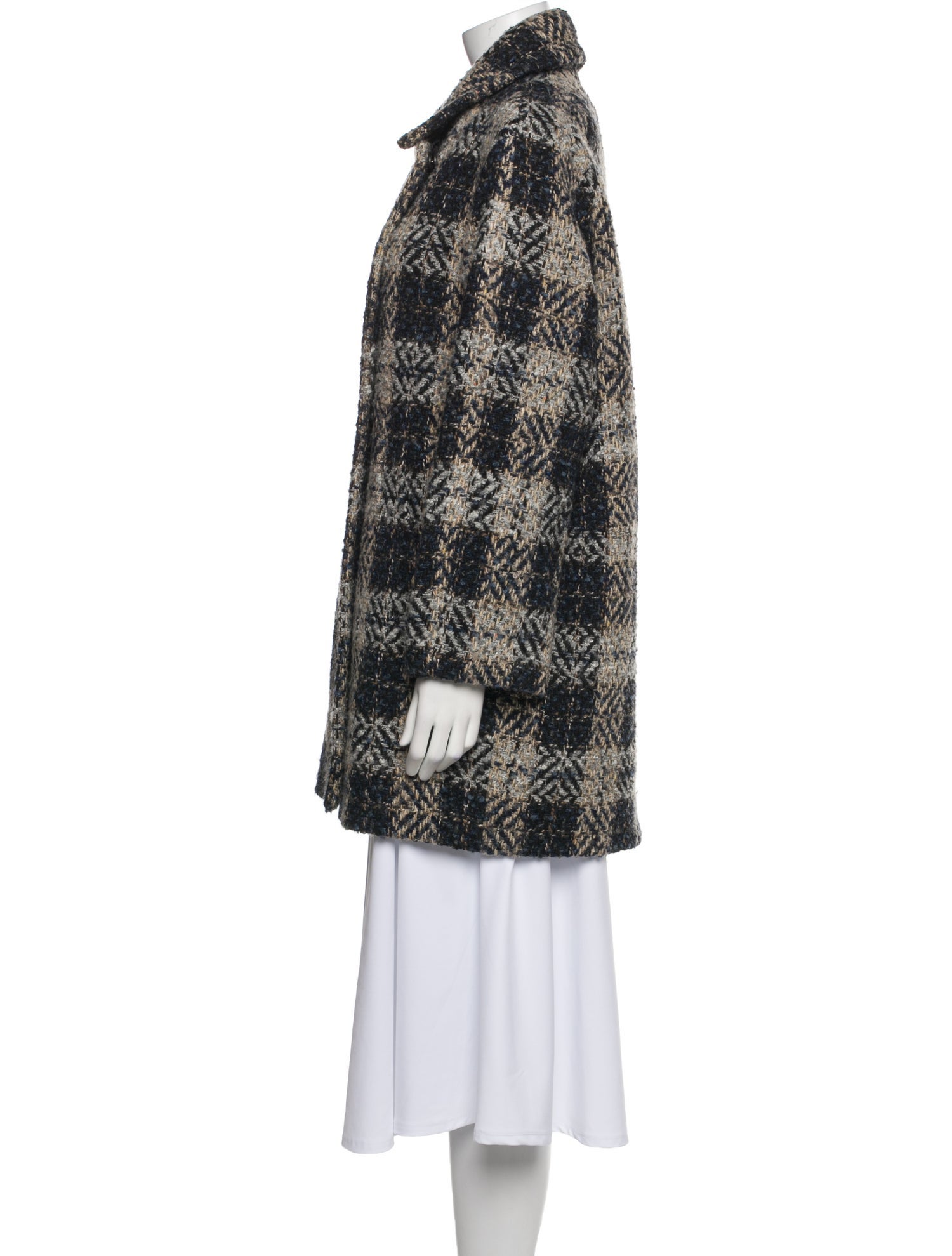 Gerard Darel Wool Plaid Print Faux Fur Coat