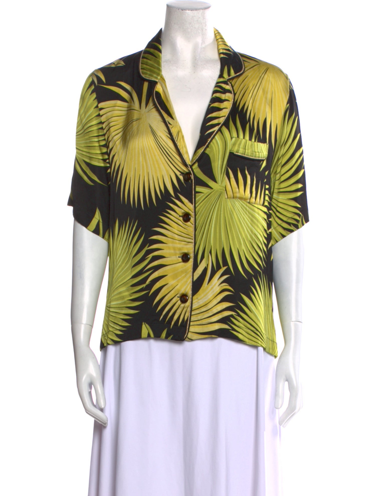 De La Vali Printed V-Neck Button-Up Top