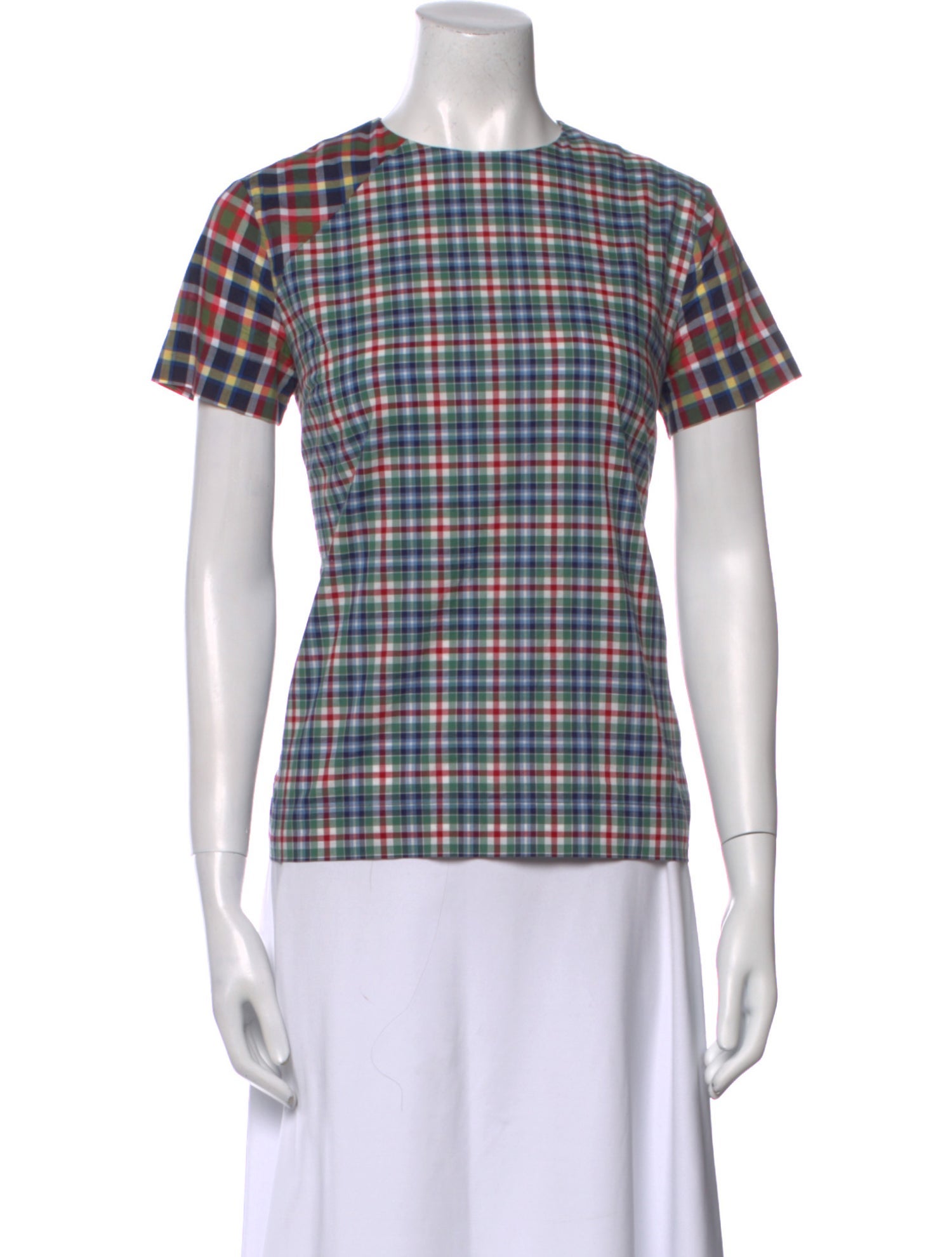 Victoria Beckham Denim Plaid Print Crew Neck T-Shirt