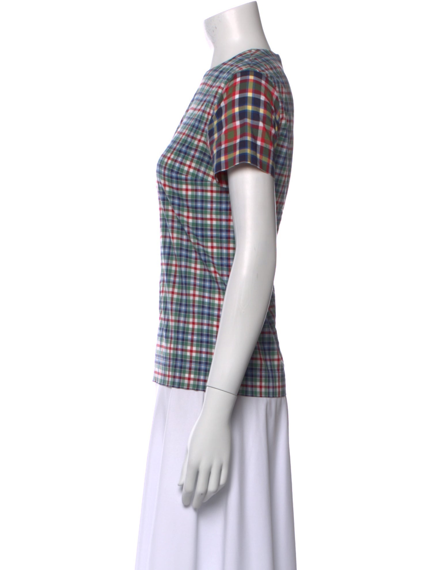 Victoria Beckham Denim Plaid Print Crew Neck T-Shirt