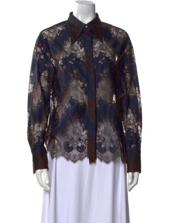 Deveaux Lace Pattern Long Sleeve Button-Up Top