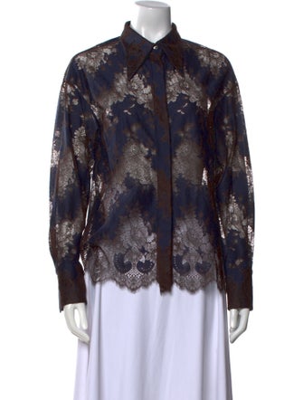 Deveaux Lace Pattern Long Sleeve Button-Up Top