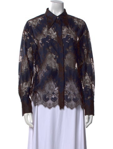 Pre-owned Deveaux Lace Pattern Long Sleeve Button-up Top In Blue