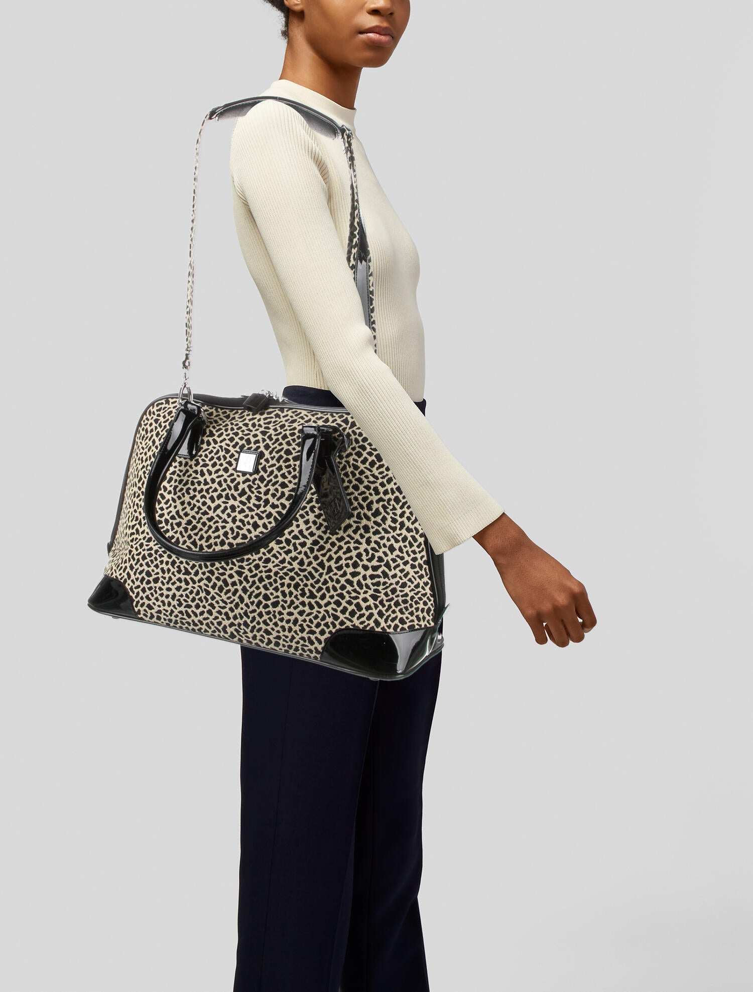 Diane von Furstenberg Canvas Patent Leather Trimmed Shoulder Bag Black Luggage and Travel