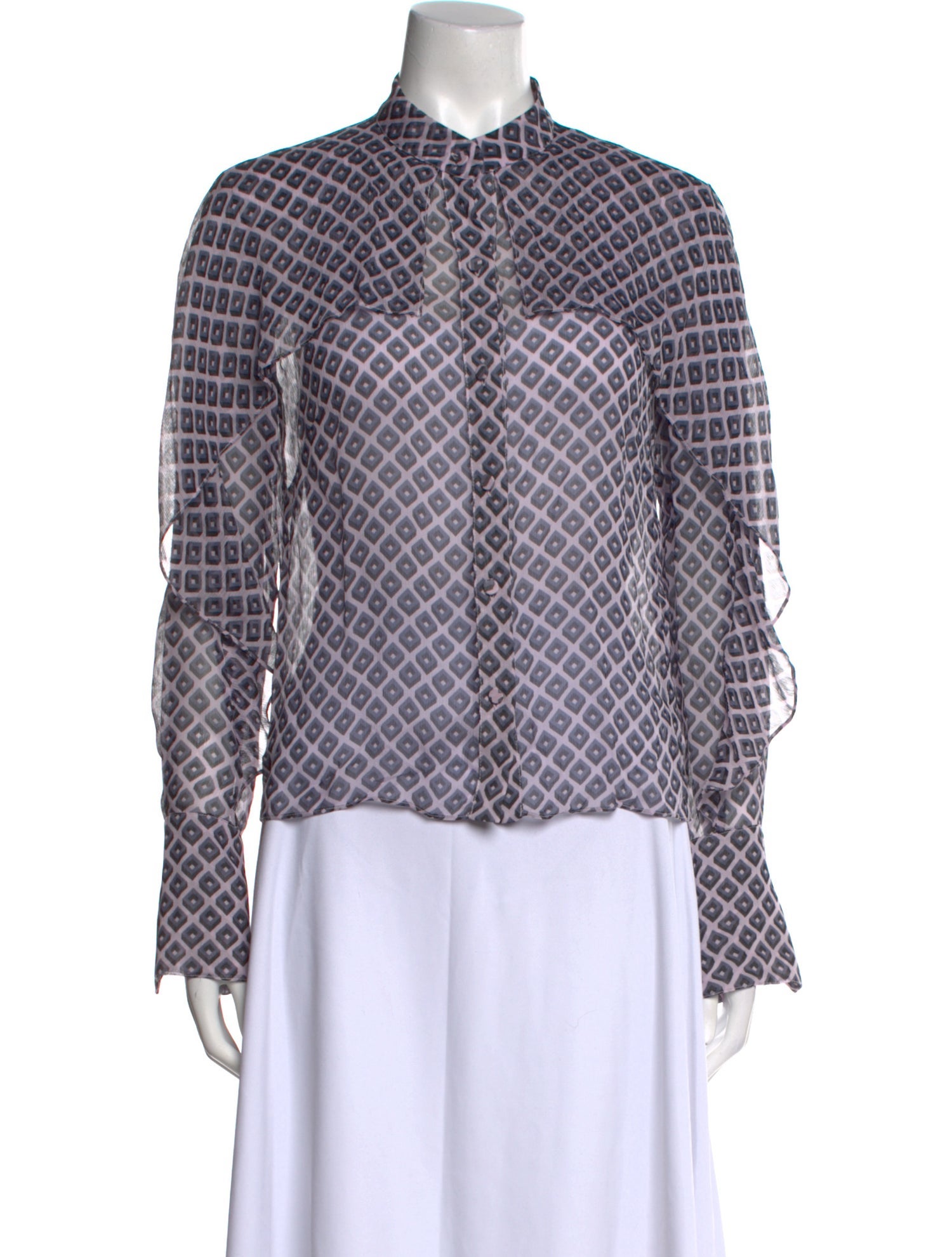 Diane von Furstenberg Plaid Print Mock Neck Button-Up Top