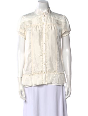Diane von Furstenberg Mock Neck Short Sleeve Button-Up Top