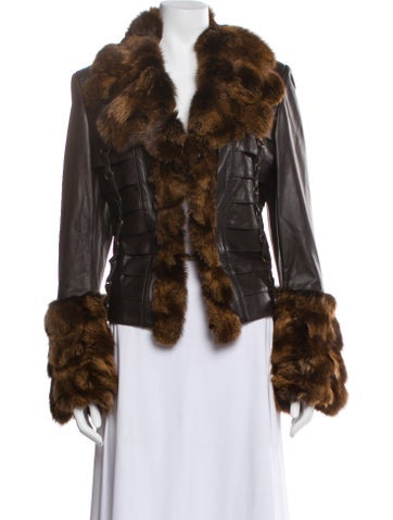 Pre-owned Dkny Vintage Leather Faux Fur Jacket In Brown