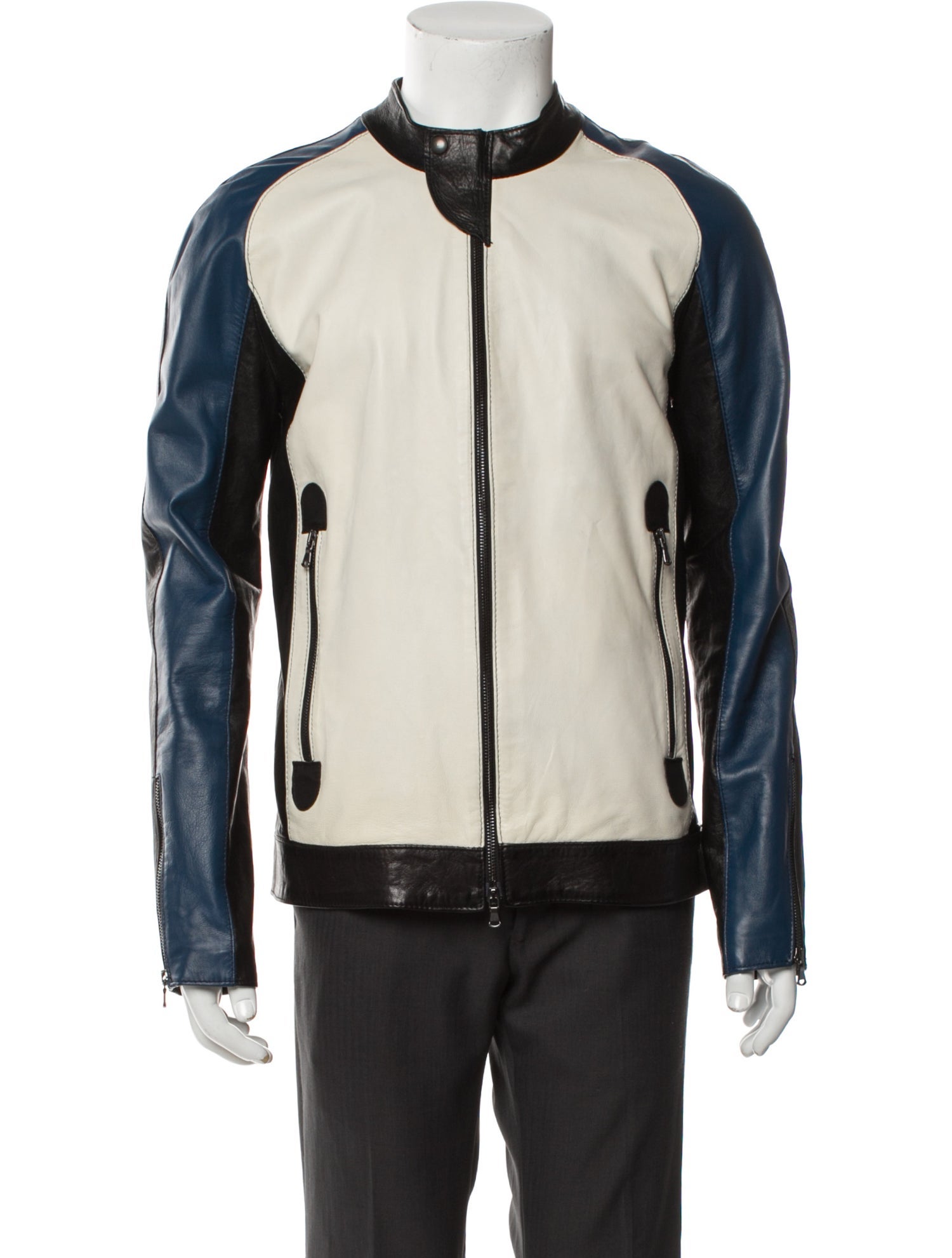 David Naman Leather Colorblock Pattern Moto Jacket