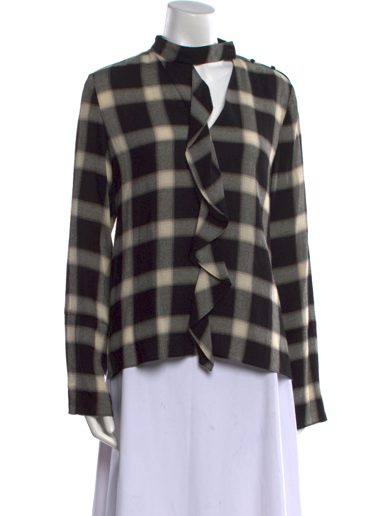 Derek Lam 10 Crosby Plaid Print Mock Neck Button-Up Top