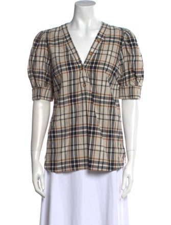 Derek Lam 10 Crosby Plaid Print V-Neck Button-Up Top