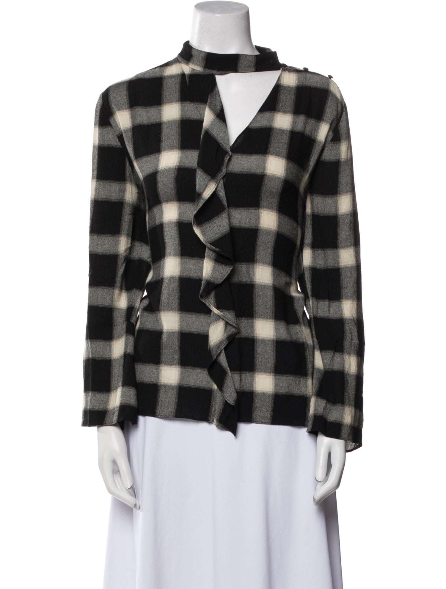Derek Lam 10 Crosby Plaid Print Mock Neck Button-Up Top
