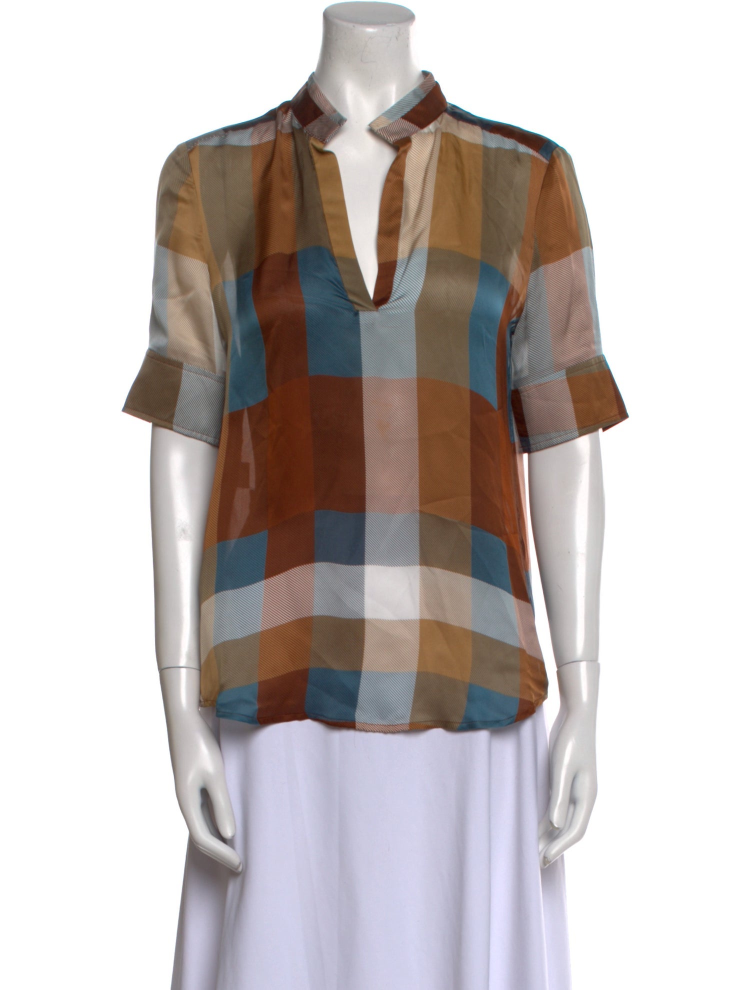 Derek Lam 10 Crosby Silk Plaid Print Button-Up Top