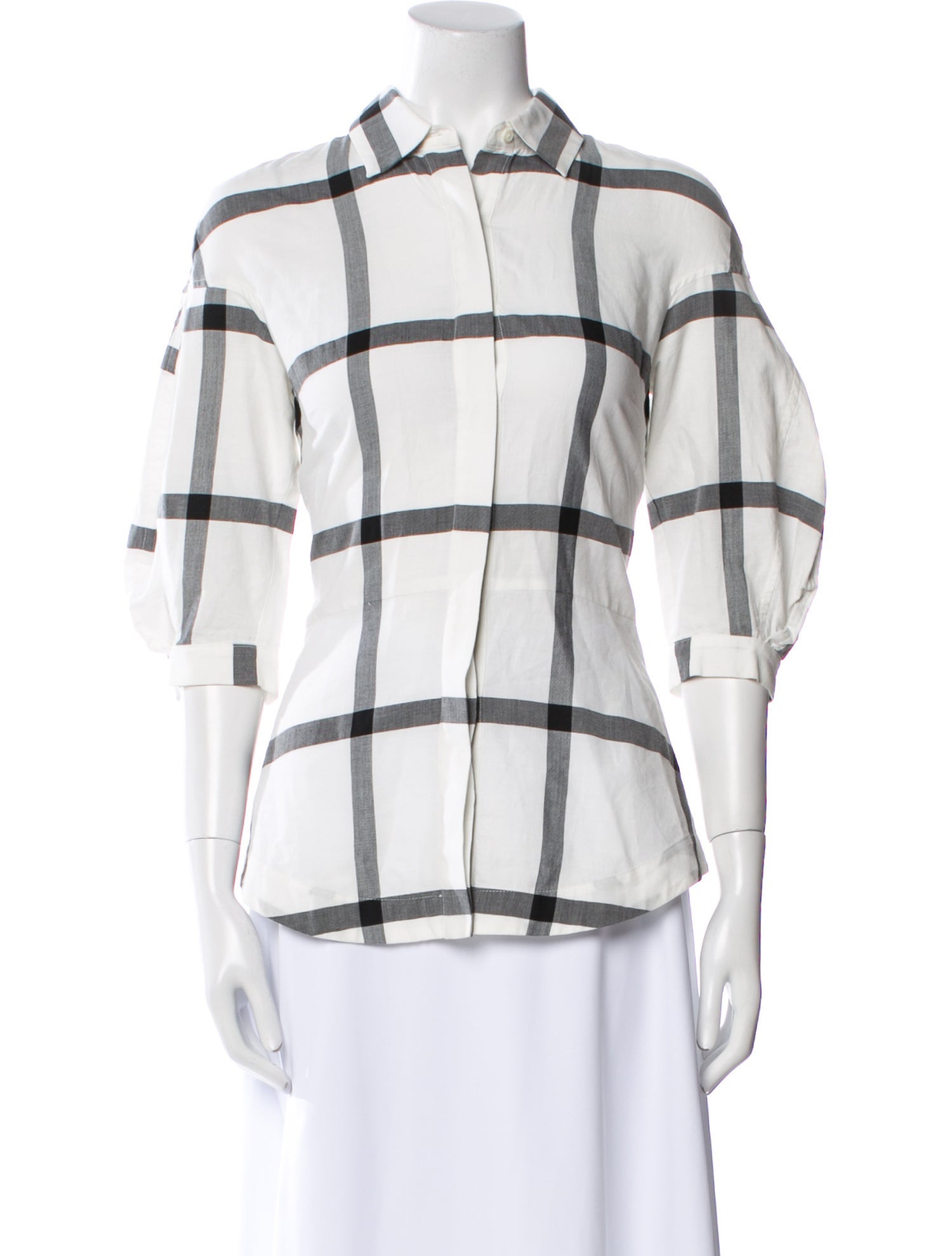 Derek Lam 10 Crosby Plaid Print Three-Quarter Sleeve Button-Up Top