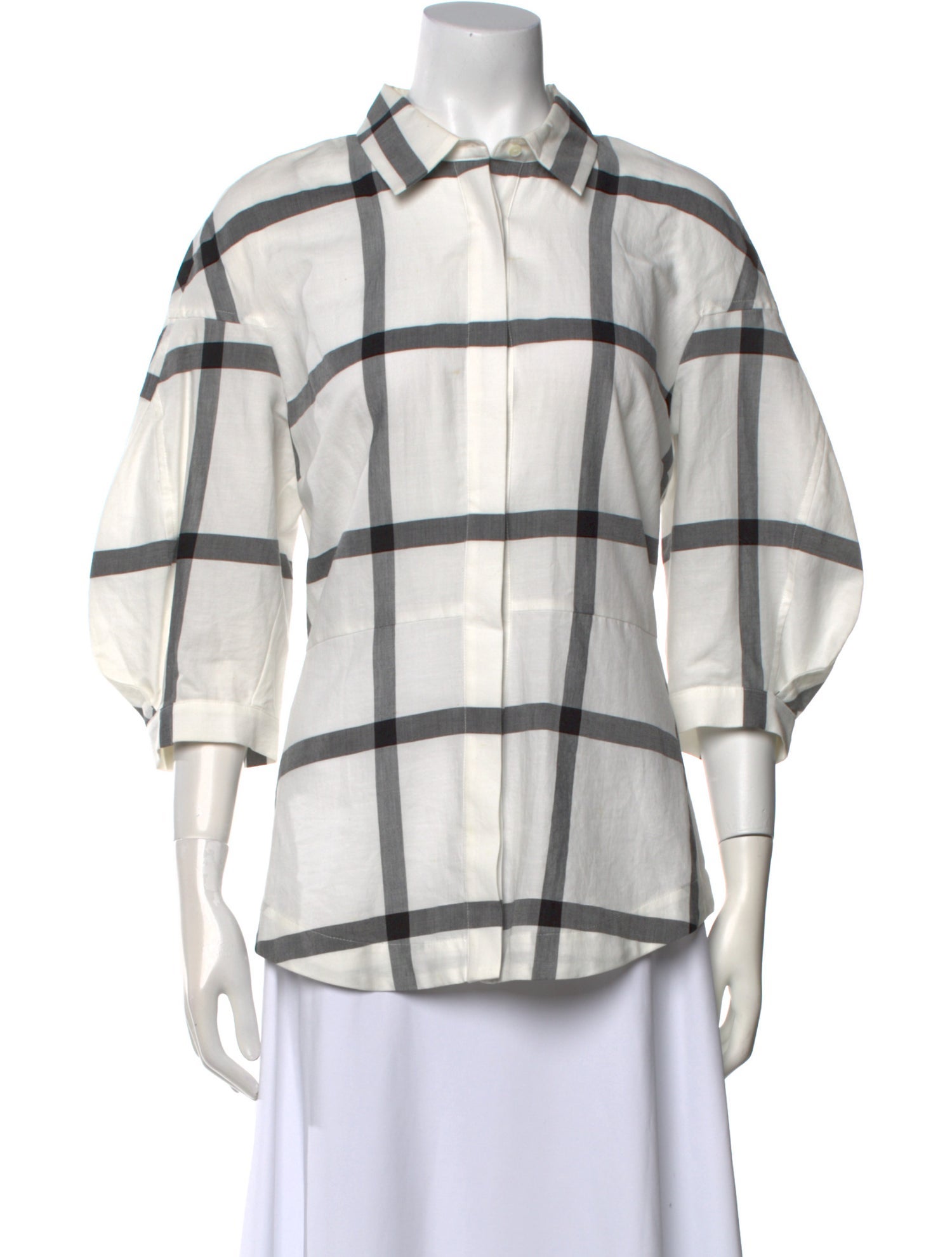 Derek Lam 10 Crosby Plaid Print Three-Quarter Sleeve Button-Up Top