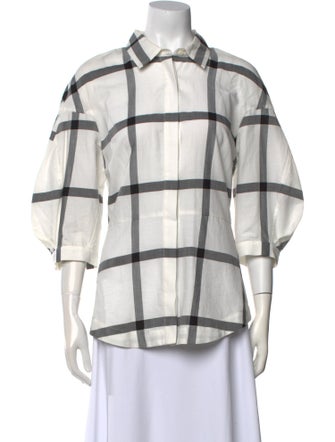 Derek Lam 10 Crosby Plaid Print Three-Quarter Sleeve Button-Up Top