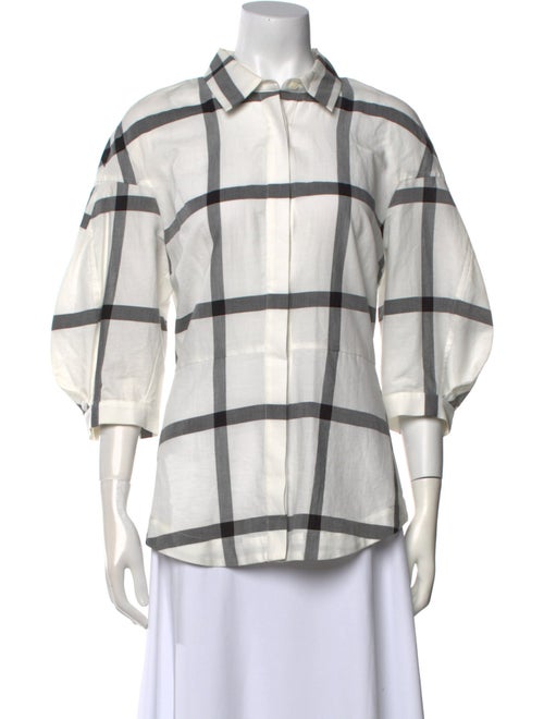 Derek Lam 10 Crosby Plaid Print Three-Quarter Sleeve Button-Up Top