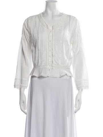 Pre-owned Doen V-neck Three-quarter Sleeve Blouse In White