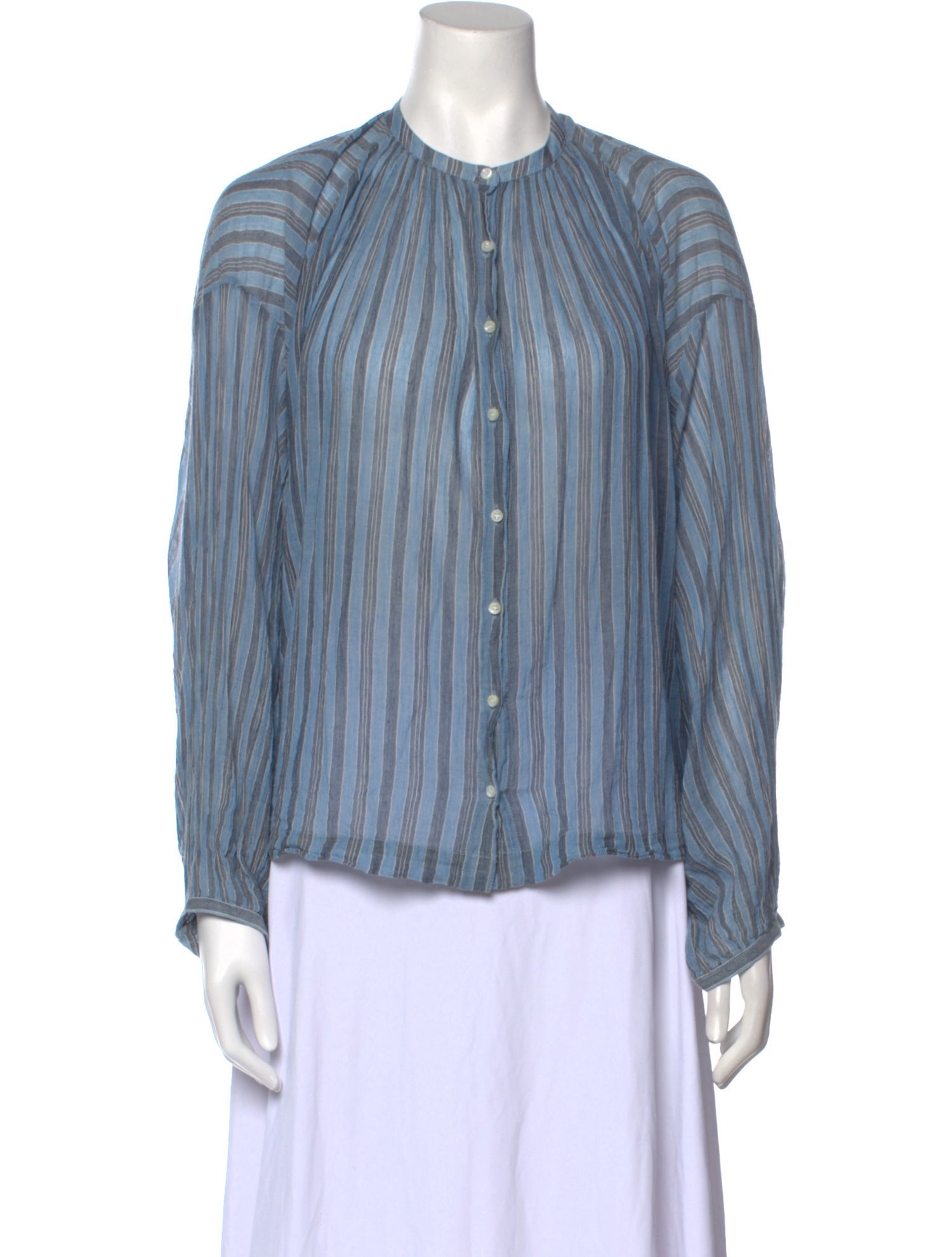 DÔEN Striped Crew Neck Button-Up Top - Blue Tops, Clothing - WDOEN66461 ...