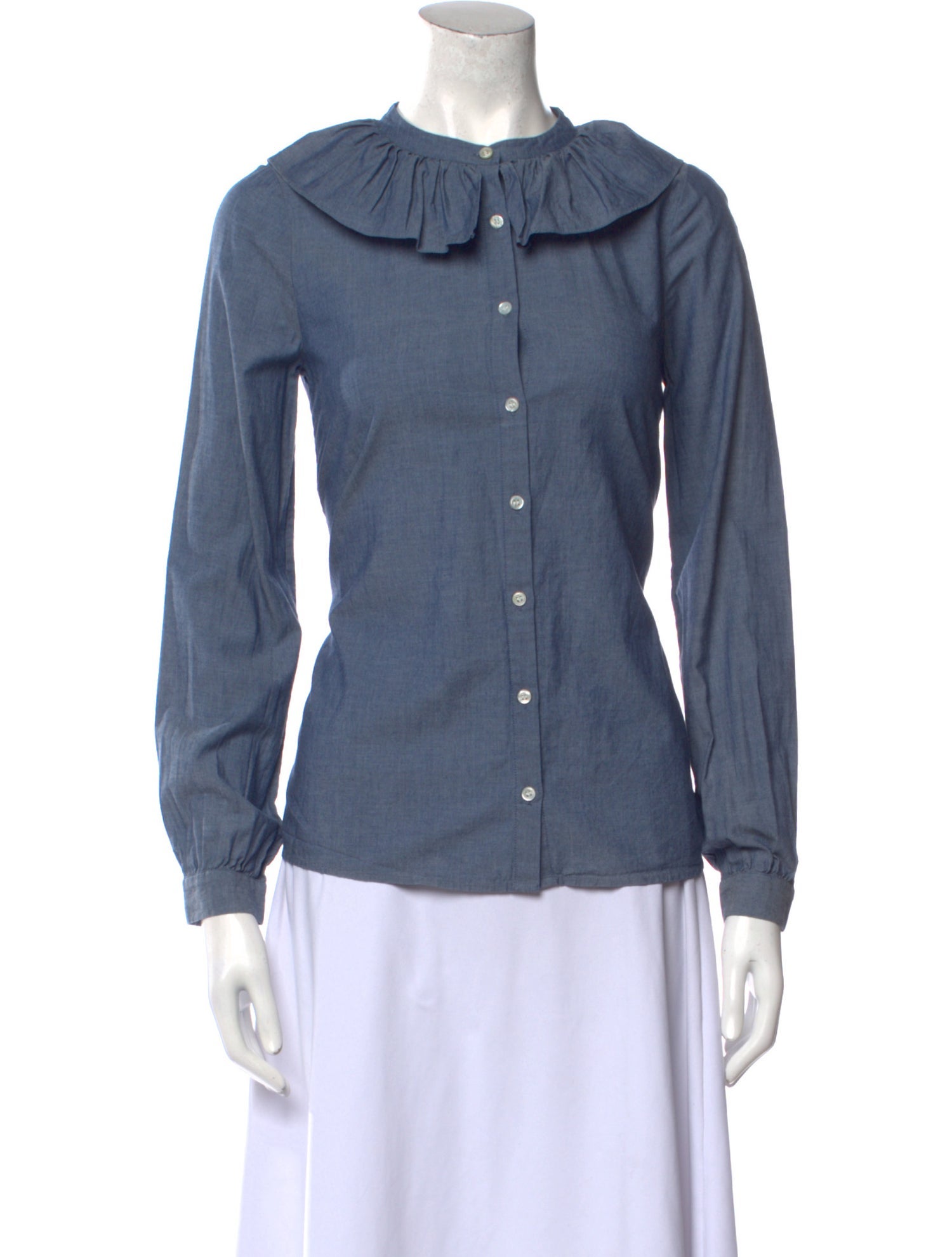 DÔEN Crew Neck Long Sleeve Button-Up Top - Blue Tops, Clothing ...