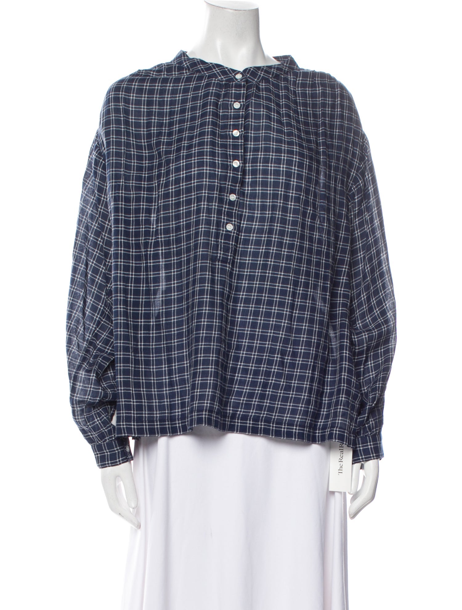 DÔEN Plaid Print Crew Neck Blouse