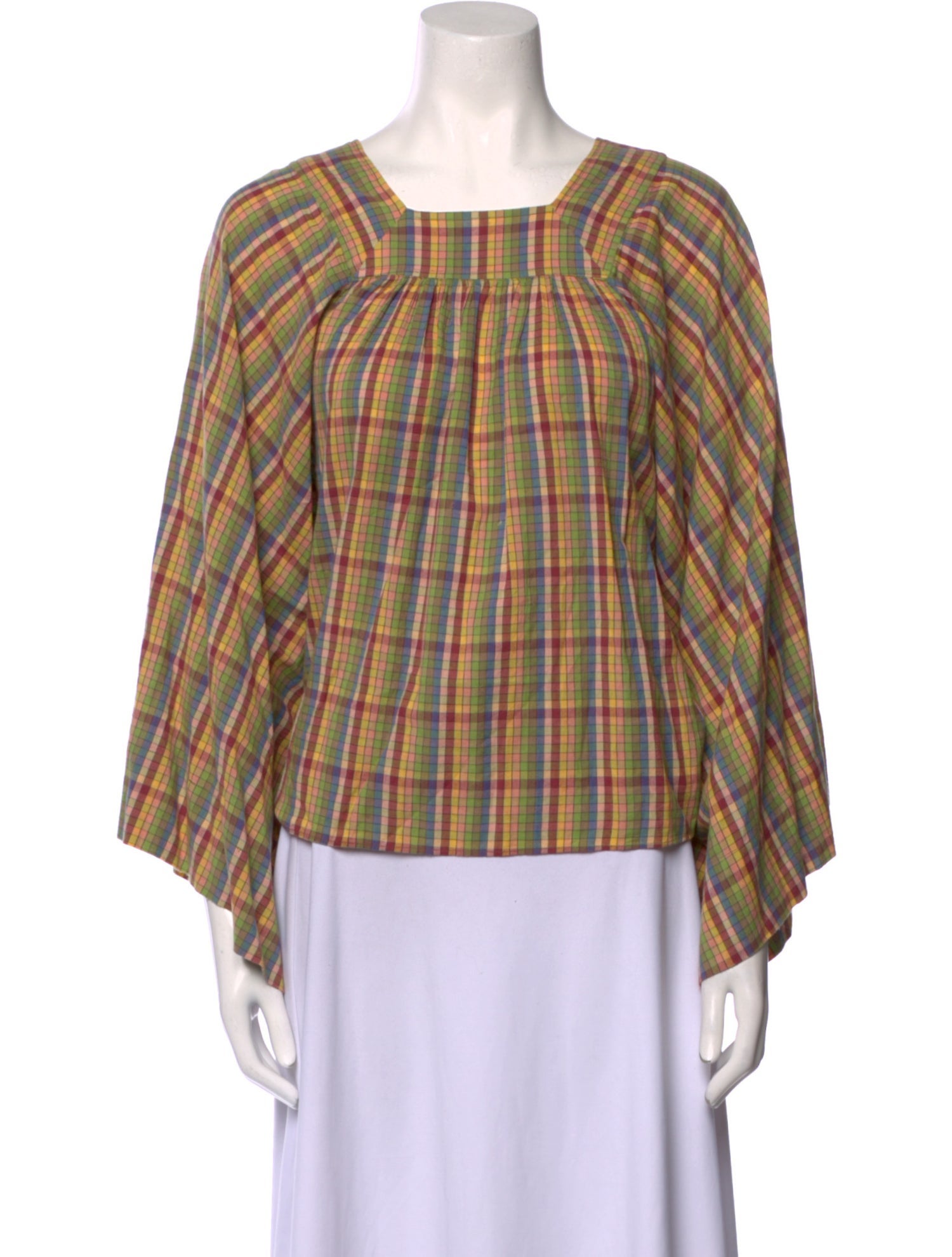 DÔEN Plaid Print Square Neckline Blouse
