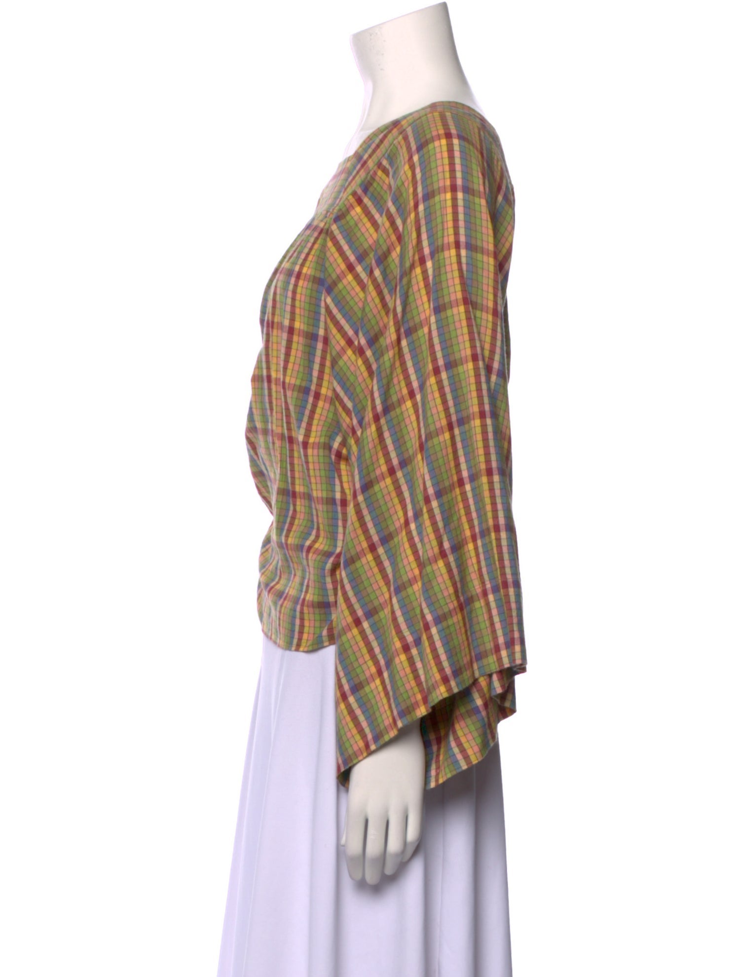 DÔEN Plaid Print Square Neckline Blouse