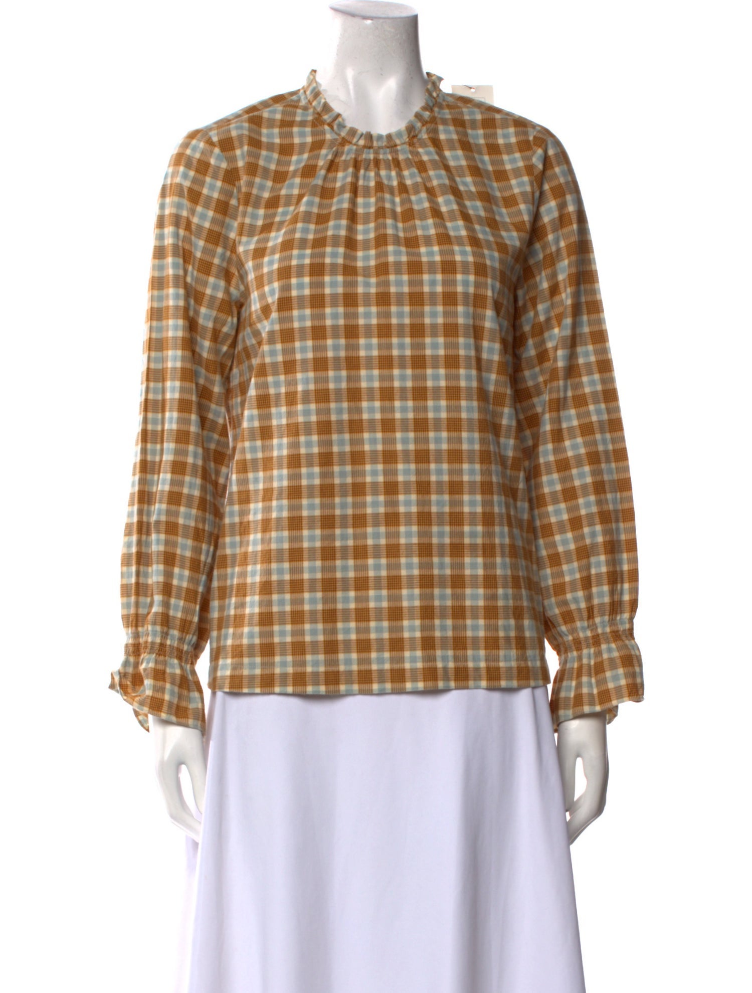 DÔEN Plaid Print Crew Neck Button-Up Top