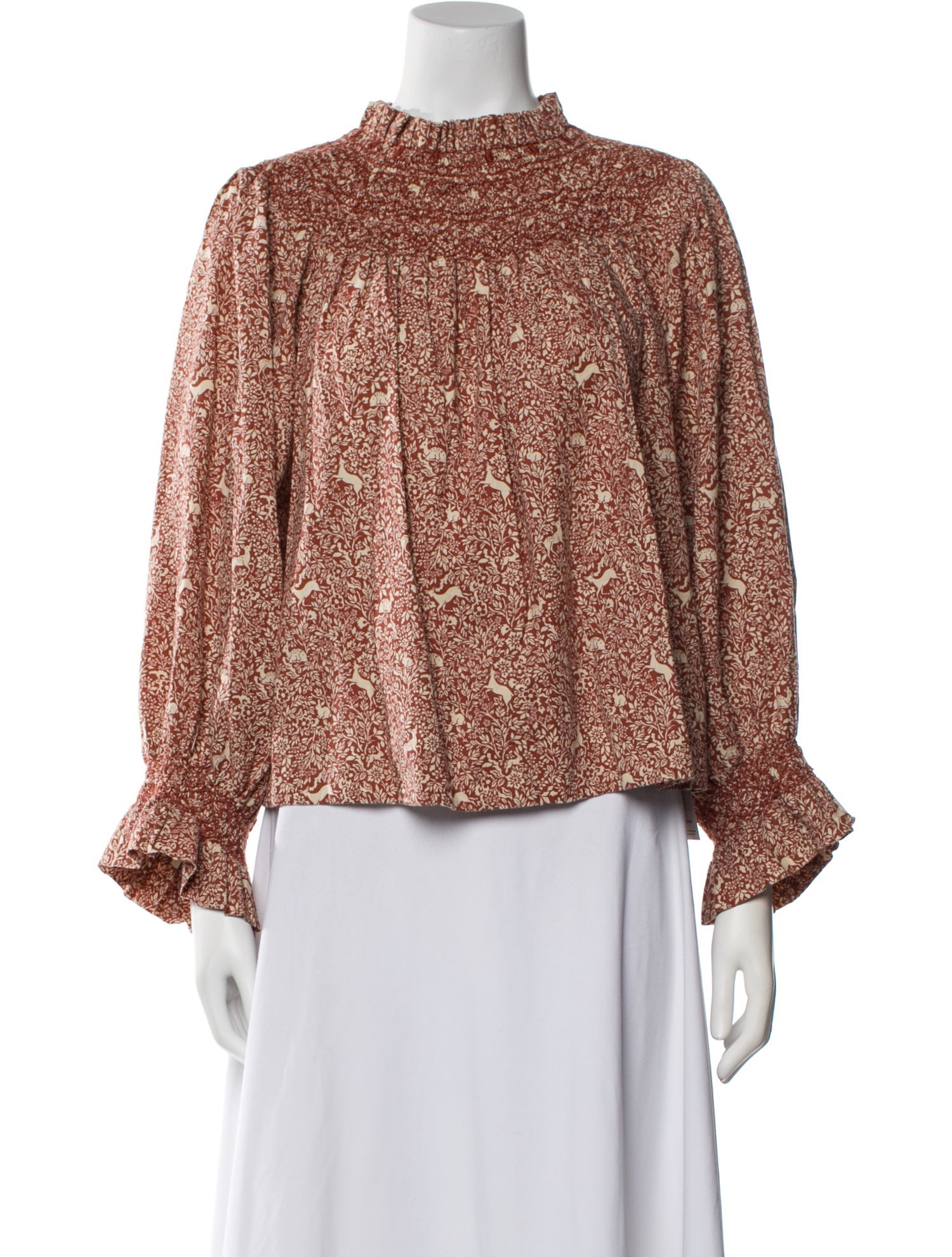 DÔEN Floral Print Mock Neck Blouse