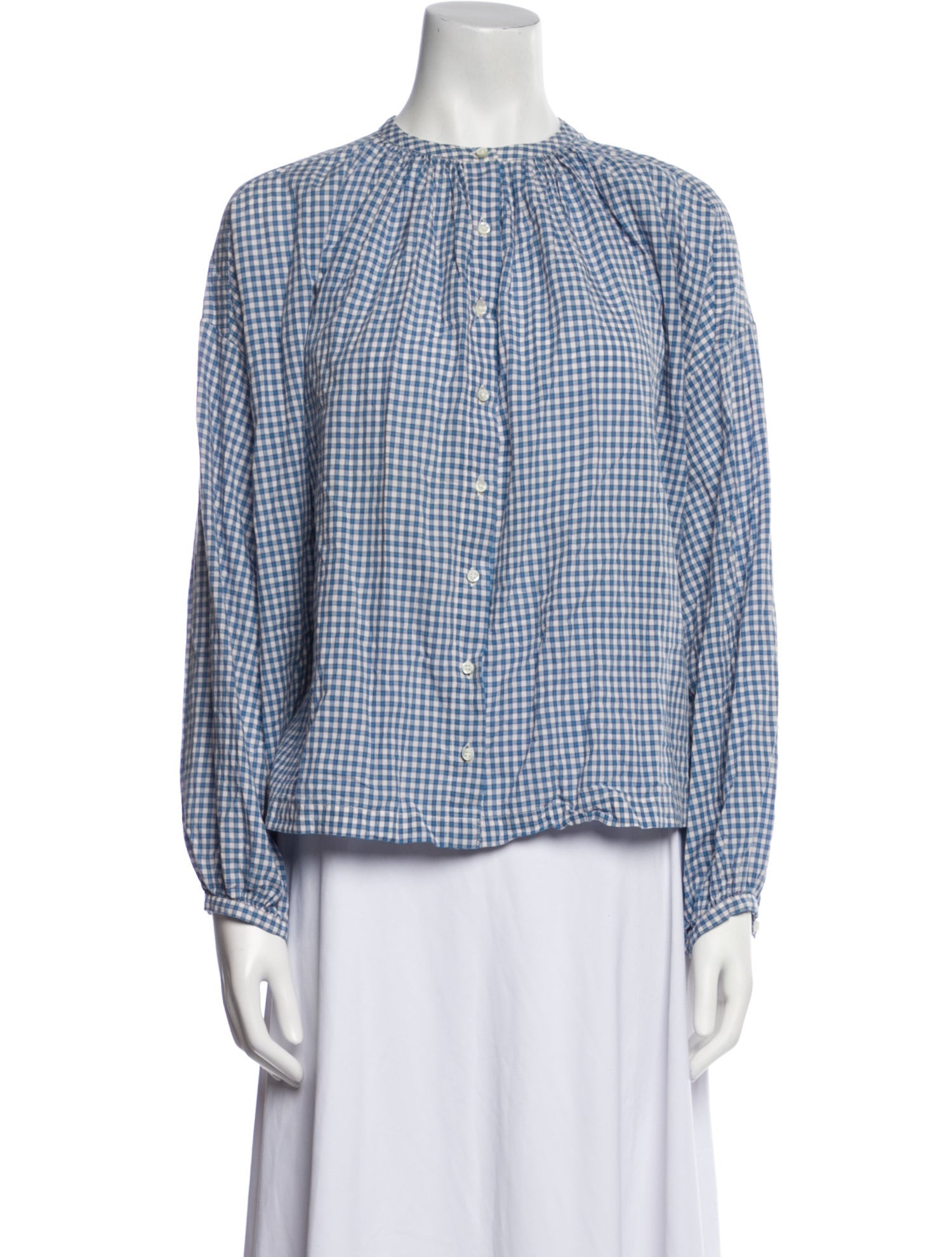 DÔEN Plaid Print Mock Neck Blouse