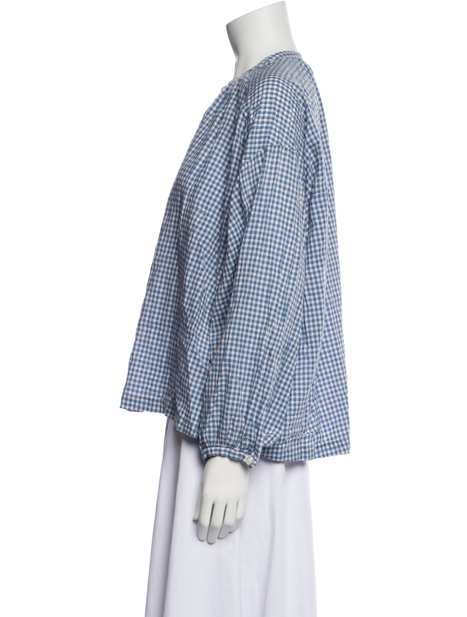 DÔEN Plaid Print Mock Neck Blouse