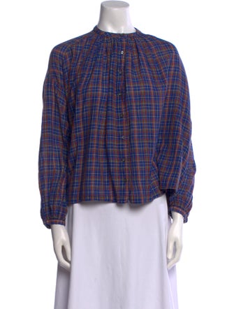 DÔEN Plaid Print Mock Neck Button-Up Top