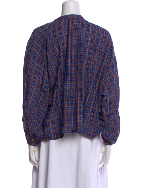 DÔEN Plaid Print Mock Neck Button-Up Top