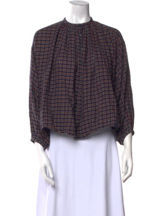 DÔEN Plaid Print Crew Neck Blouse
