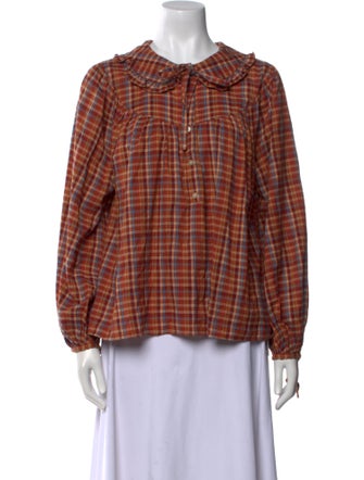 DÔEN Plaid Print Crew Neck Button-Up Top