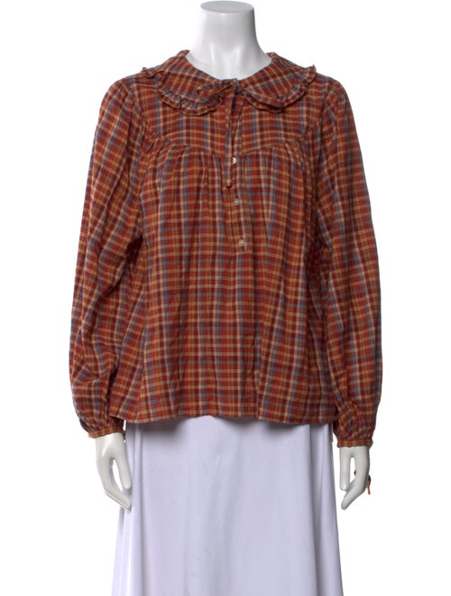 DÔEN Plaid Print Crew Neck Button-Up Top