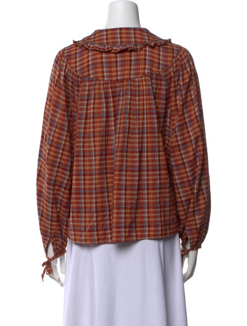 DÔEN Plaid Print Crew Neck Button-Up Top