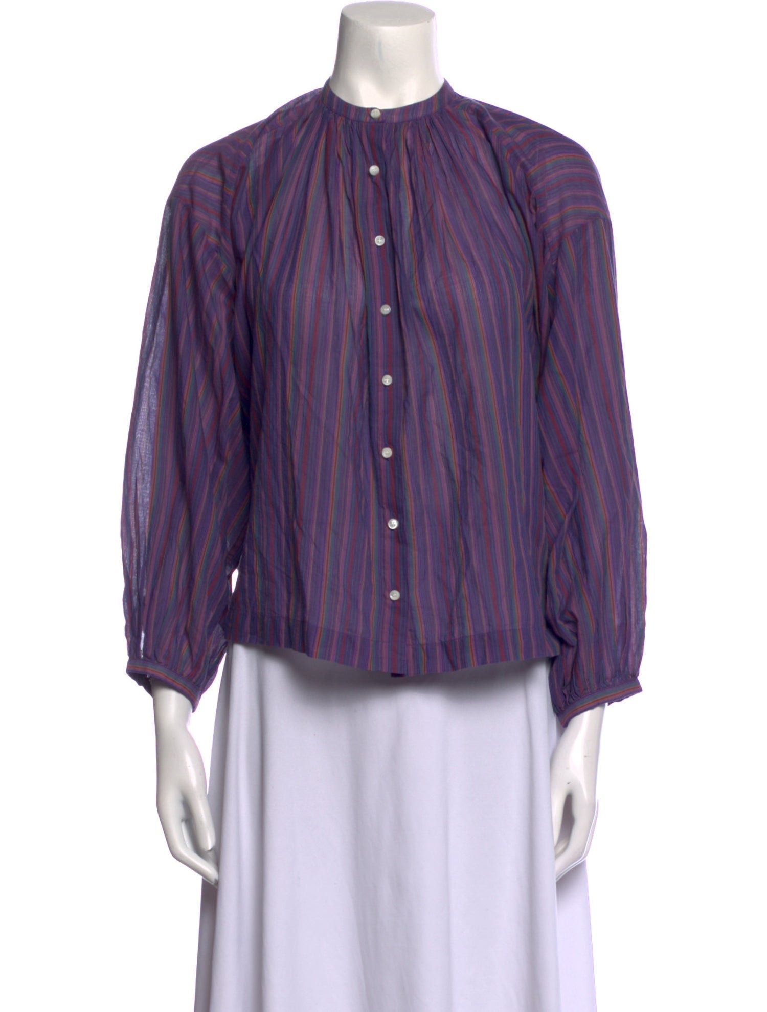 DÔEN Striped Mock Neck Button-Up Top